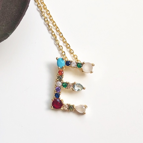 E monogram letter gold rhinestone necklace - Picture 2 of 2
